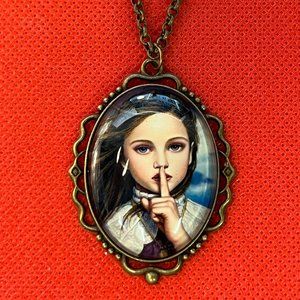 Brown Haired Girl Shushing You Filigree Bronze Tone Pendant Necklace